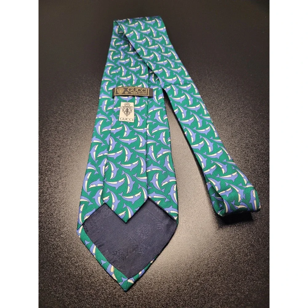 Gucci Men's Necktie Green Dolphin Silk 3.75